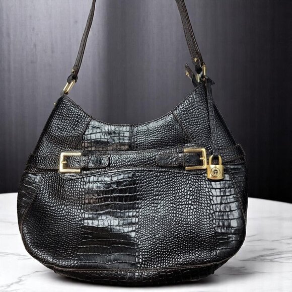 Vintage Etienne Aigner Black Embossed Leather Hobo Bag | Gold Buckle Accents - Picture 1 of 11